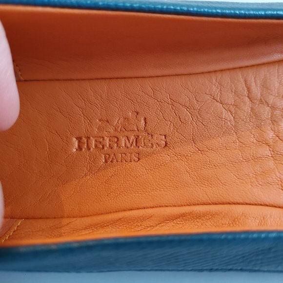 Like-New Hermes Liberty Epsom Calfskin Leather Blue Driving Flats Ballet Shoes - Picture 13 of 16